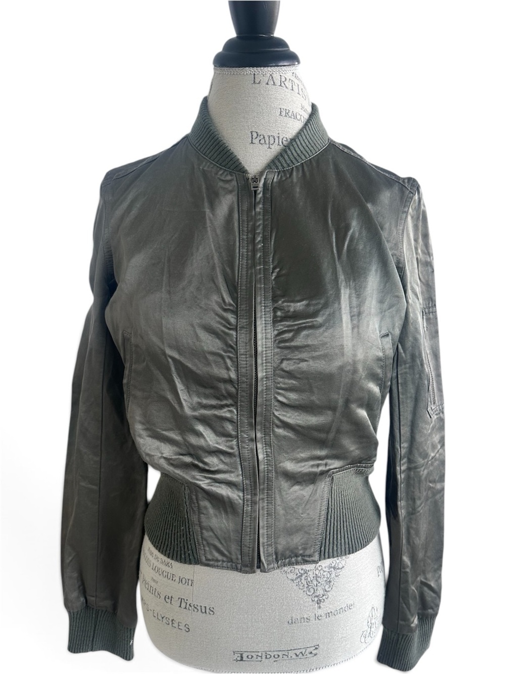 Women's Leather Bomber Jacket Bebe fitted sexy look- military green color
